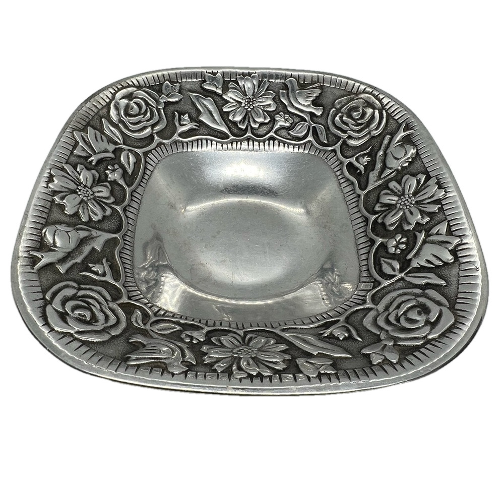 Vintage Wilton Armetale Square Pewter Rose Floral Bowl